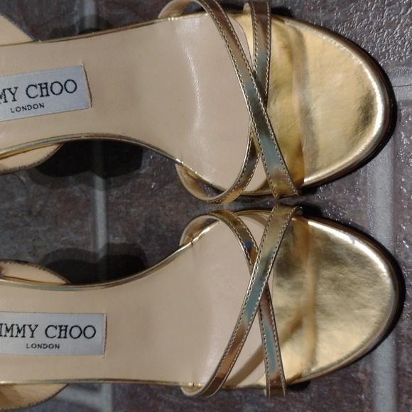Jimmy Choo Gold mirror open toe strappy cross over sling back sandal heel 38 - Picture 3 of 10